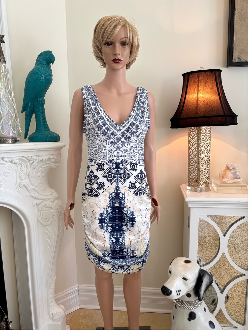 MIA White Dress with Navy Blue Print